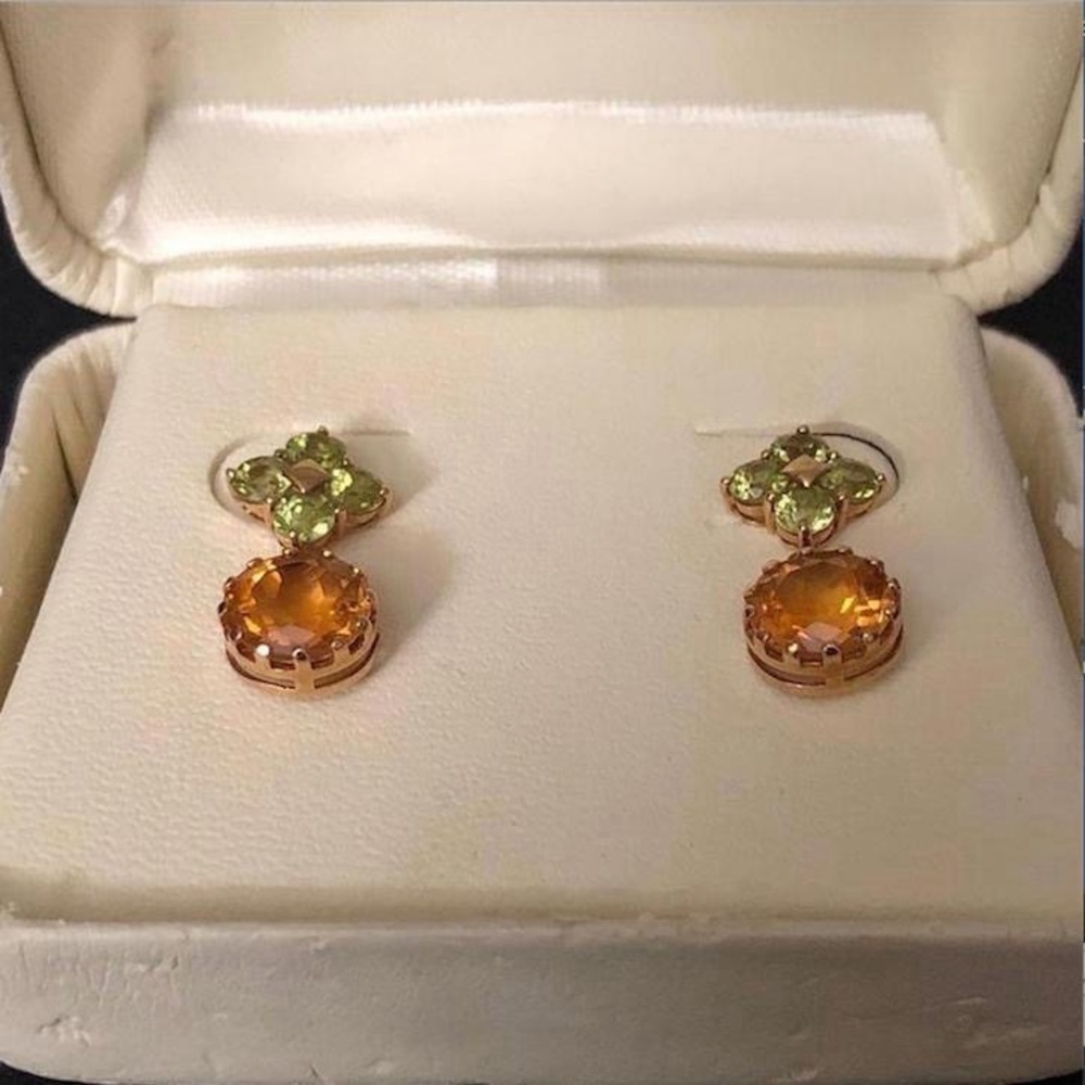 14k Gold Citrine & Peridot Drop Earrings